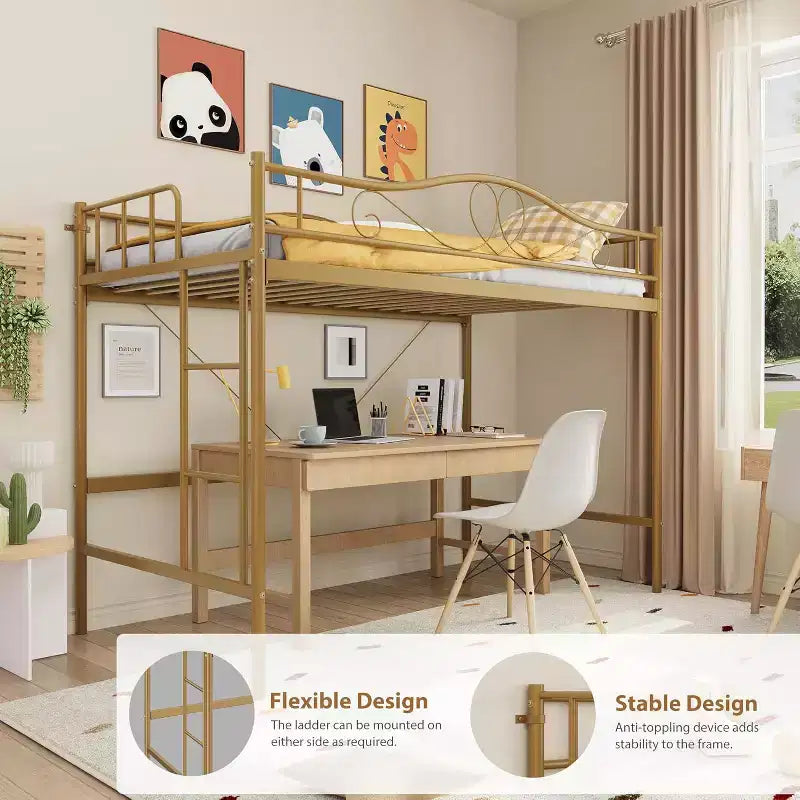 Lit mezzanine double avec échelle et garde-corps de sécurité intégral, lit mezzanine double en métal robuste de 180 kg de capacité de charge, peu encombrant
