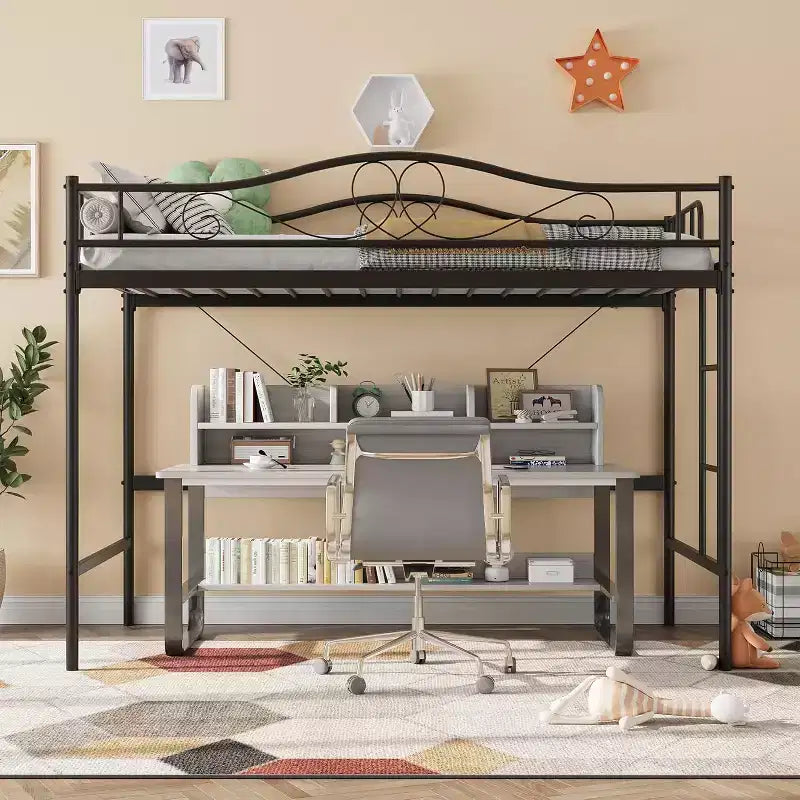 Lit mezzanine double avec échelle et garde-corps de sécurité intégral, lit mezzanine double en métal robuste de 180 kg de capacité de charge, peu encombrant