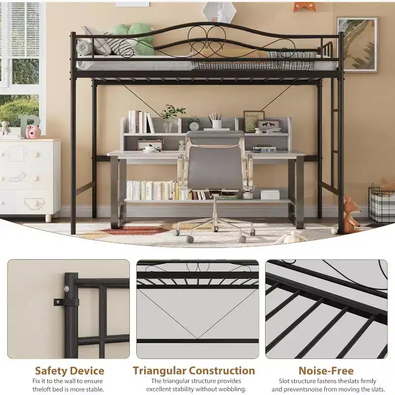 Lit mezzanine double avec échelle et garde-corps de sécurité intégral, lit mezzanine double en métal robuste de 180 kg de capacité de charge, peu encombrant