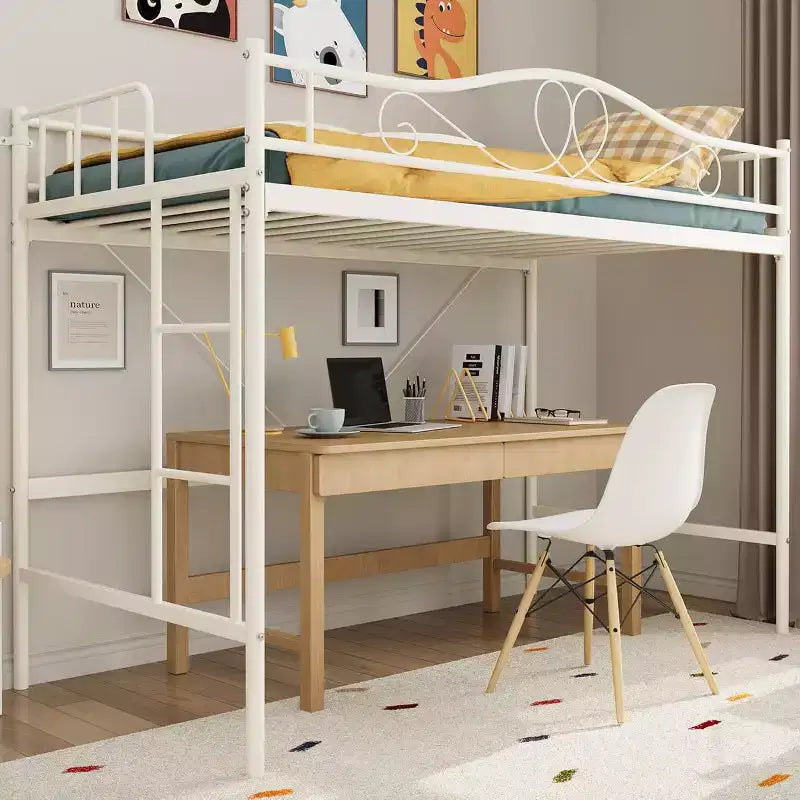 Lit mezzanine double avec échelle et garde-corps de sécurité intégral, lit mezzanine double en métal robuste de 180 kg de capacité de charge, peu encombrant