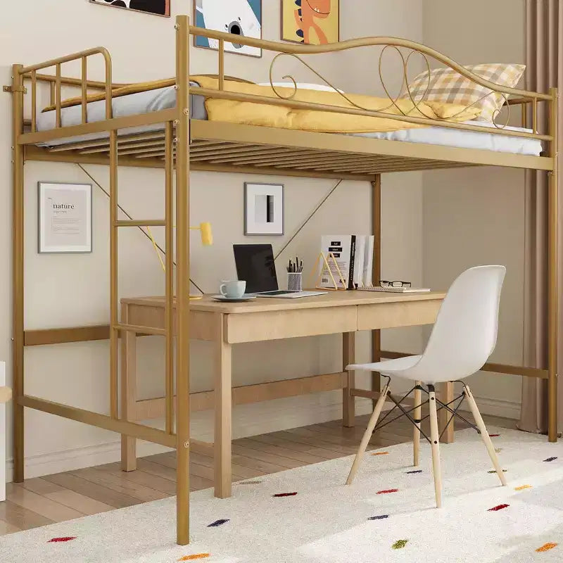 Lit mezzanine double avec échelle et garde-corps de sécurité intégral, lit mezzanine double en métal robuste de 180 kg de capacité de charge, peu encombrant