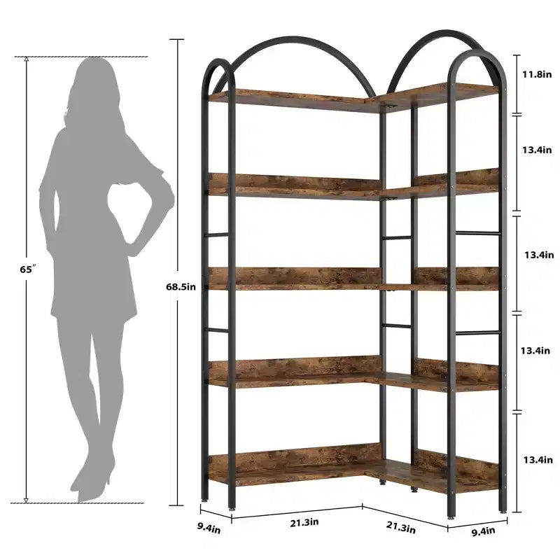 Étagère d'angle industrielle, étagère en forme de L à 5 niveaux, bibliothèque d'angle arquée avec cadre en métal, grande bibliothèque pour salon et chambre
