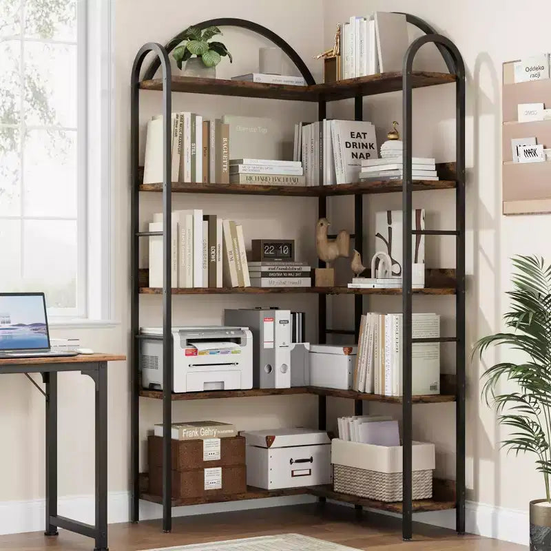 Étagère d'angle industrielle, étagère en forme de L à 5 niveaux, bibliothèque d'angle arquée avec cadre en métal, grande bibliothèque pour salon et chambre