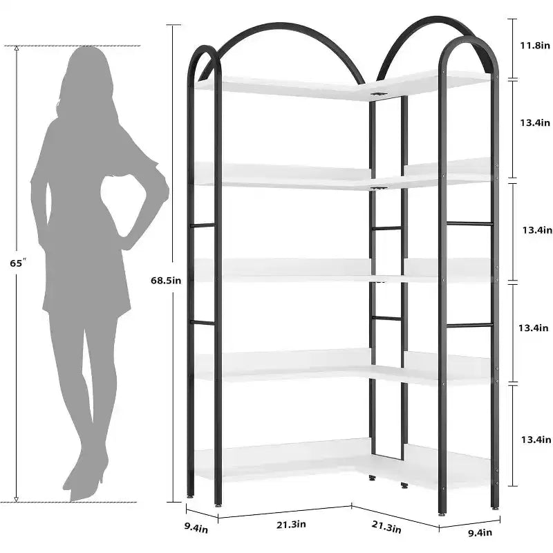 Étagère d'angle industrielle, étagère en forme de L à 5 niveaux, bibliothèque d'angle arquée avec cadre en métal, grande bibliothèque pour salon et chambre
