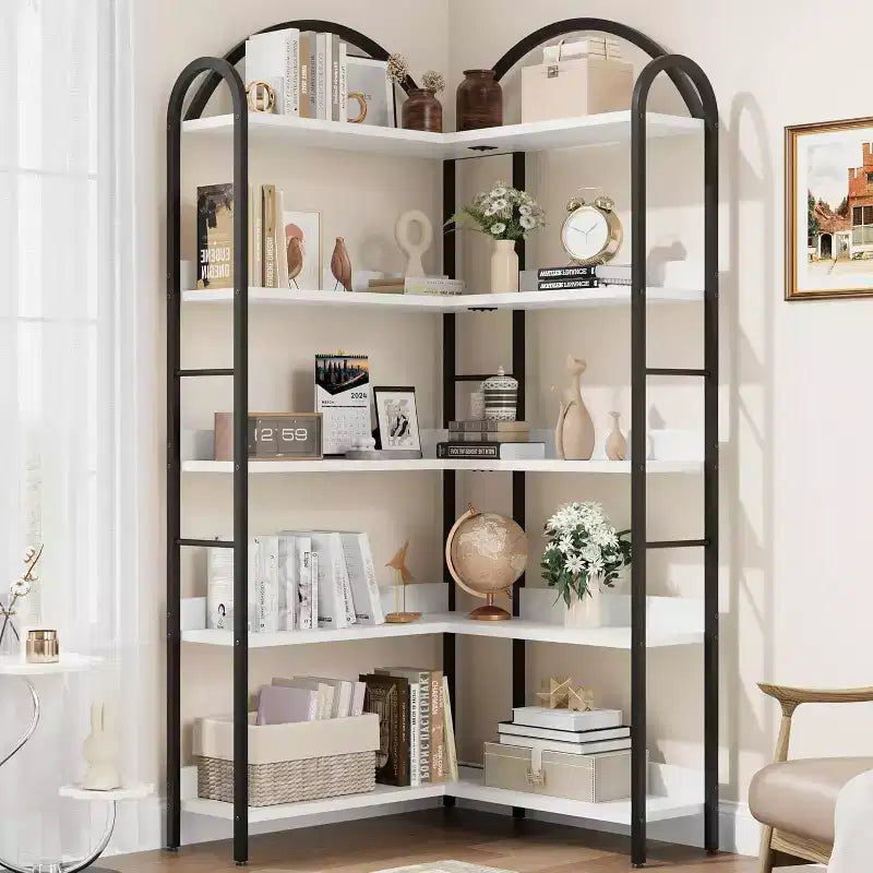 Étagère d'angle industrielle, étagère en forme de L à 5 niveaux, bibliothèque d'angle arquée avec cadre en métal, grande bibliothèque pour salon et chambre