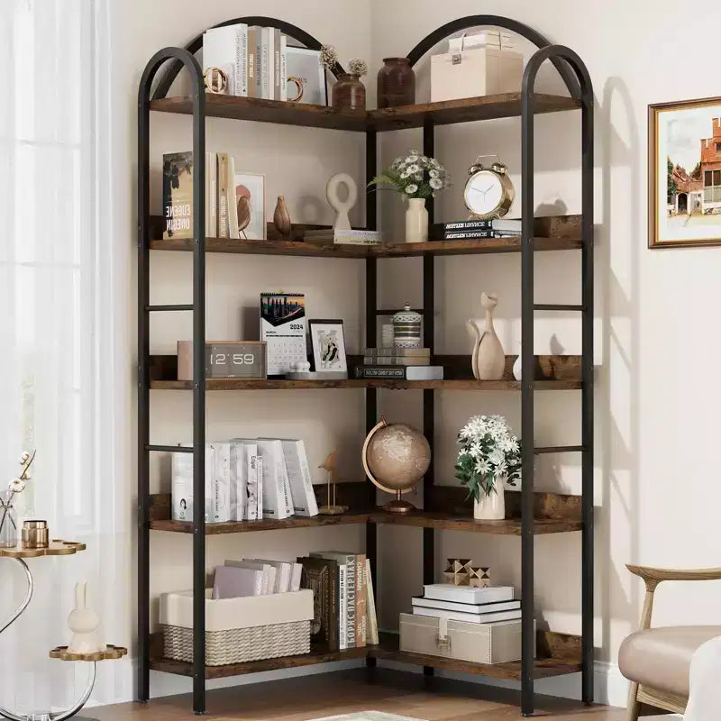 Étagère d'angle industrielle, étagère en forme de L à 5 niveaux, bibliothèque d'angle arquée avec cadre en métal, grande bibliothèque pour salon et chambre