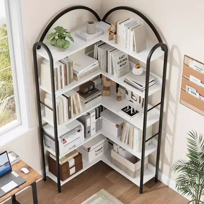 Étagère d'angle industrielle, étagère en forme de L à 5 niveaux, bibliothèque d'angle arquée avec cadre en métal, grande bibliothèque pour salon et chambre