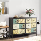 Commode à 6 tiroirs pour chambre à coucher, commode rustique en bois avec poignées en métal, tiroir à motifs floraux rétro, commode de style ferme pour chambre à coucher
