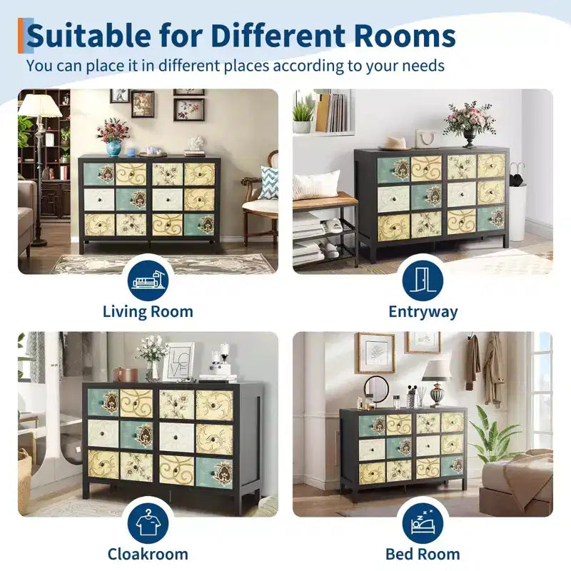 Commode à 6 tiroirs pour chambre à coucher, commode rustique en bois avec poignées en métal, tiroir à motifs floraux rétro, commode de style ferme pour chambre à coucher