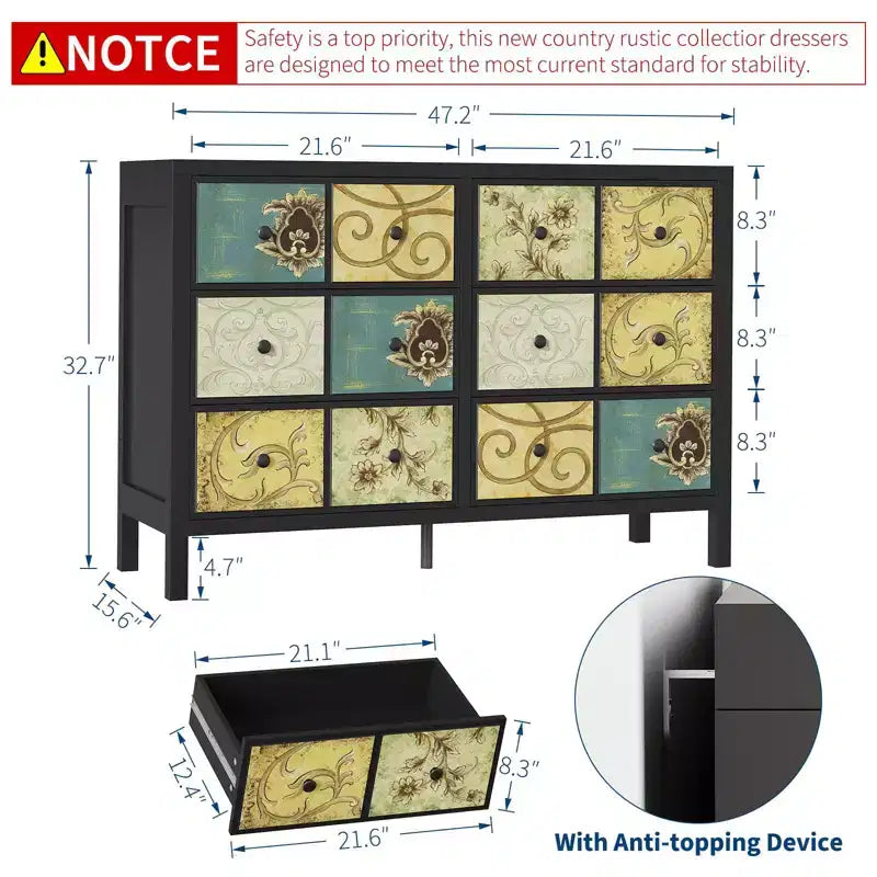Commode à 6 tiroirs pour chambre à coucher, commode rustique en bois avec poignées en métal, tiroir à motifs floraux rétro, commode de style ferme pour chambre à coucher