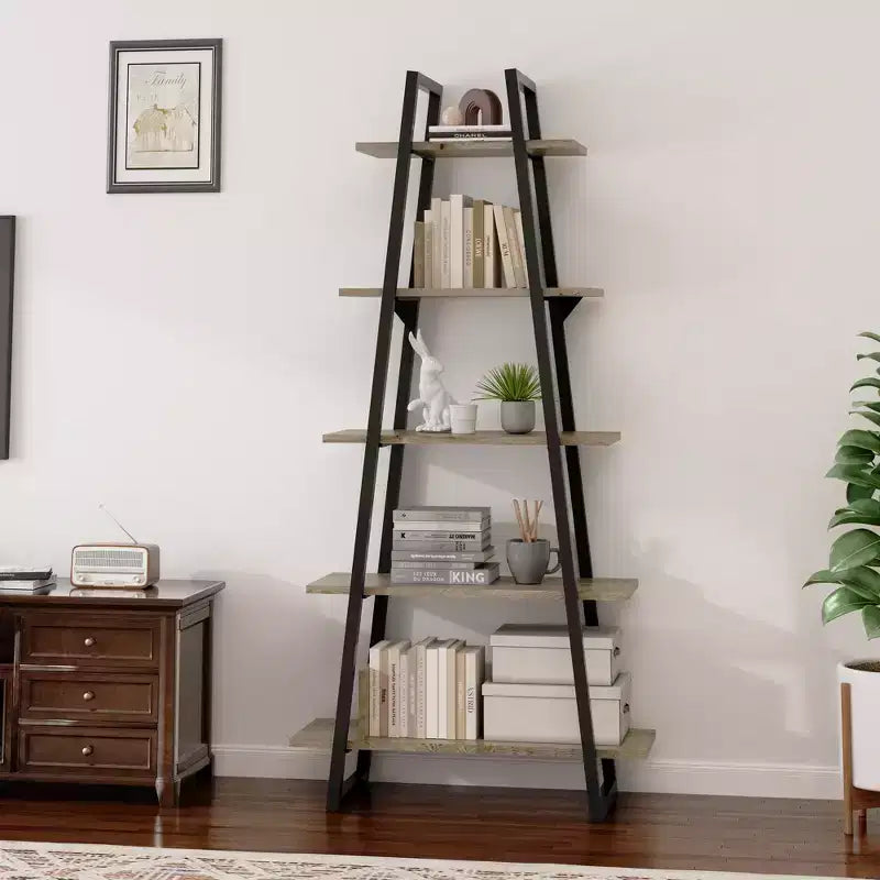 Grande étagère industrielle en bois à 5 niveaux avec design rustique ouvert, étagères de présentation autoportantes pour le rangement à domicile ou au bureau