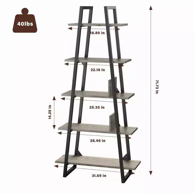 Grande étagère industrielle en bois à 5 niveaux avec design rustique ouvert, étagères de présentation autoportantes pour le rangement à domicile ou au bureau