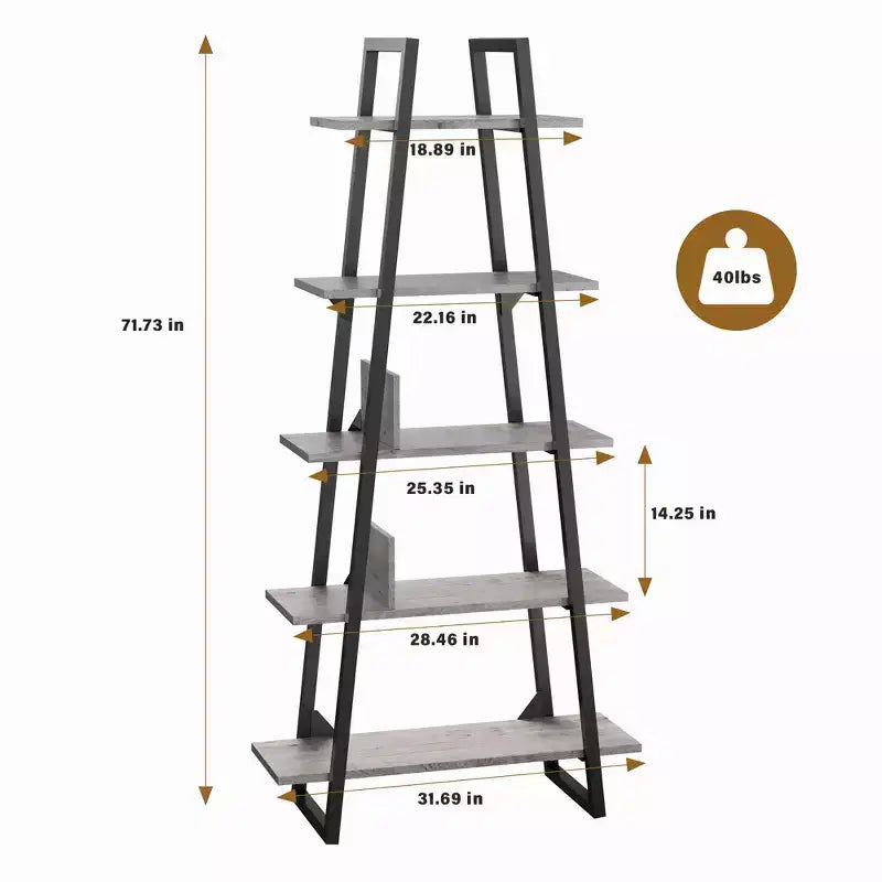 Grande étagère industrielle en bois à 5 niveaux avec design rustique ouvert, étagères de présentation autoportantes pour le rangement à domicile ou au bureau