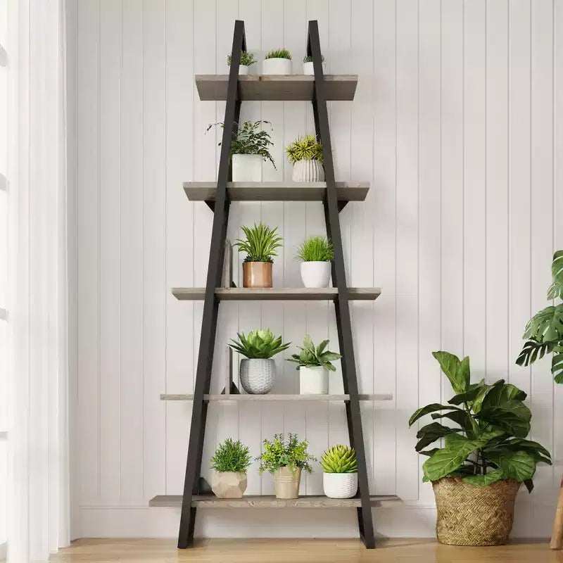 Grande étagère industrielle en bois à 5 niveaux avec design rustique ouvert, étagères de présentation autoportantes pour le rangement à domicile ou au bureau