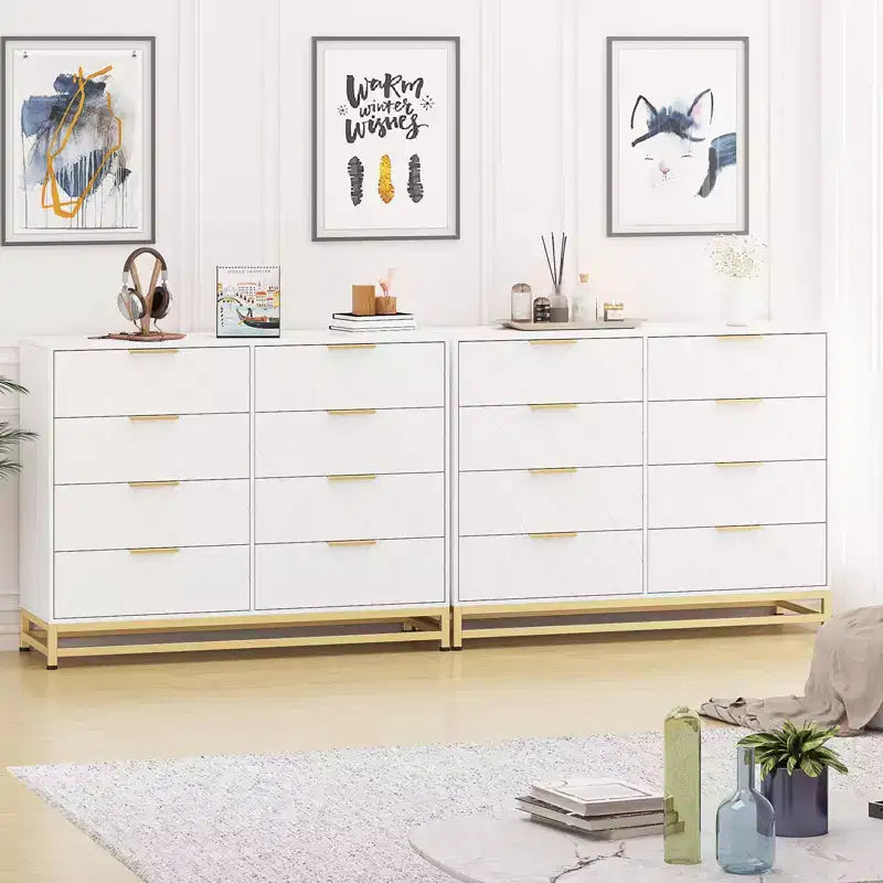 Commode en bois à 8 tiroirs avec poignées en métal, commode de chambre moderne et robuste avec tiroirs profonds, commode en bois à cadre métallique, commode robuste