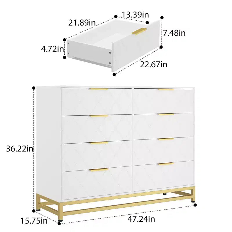 Commode en bois à 8 tiroirs avec poignées en métal, commode de chambre moderne et robuste avec tiroirs profonds, commode en bois à cadre métallique, commode robuste