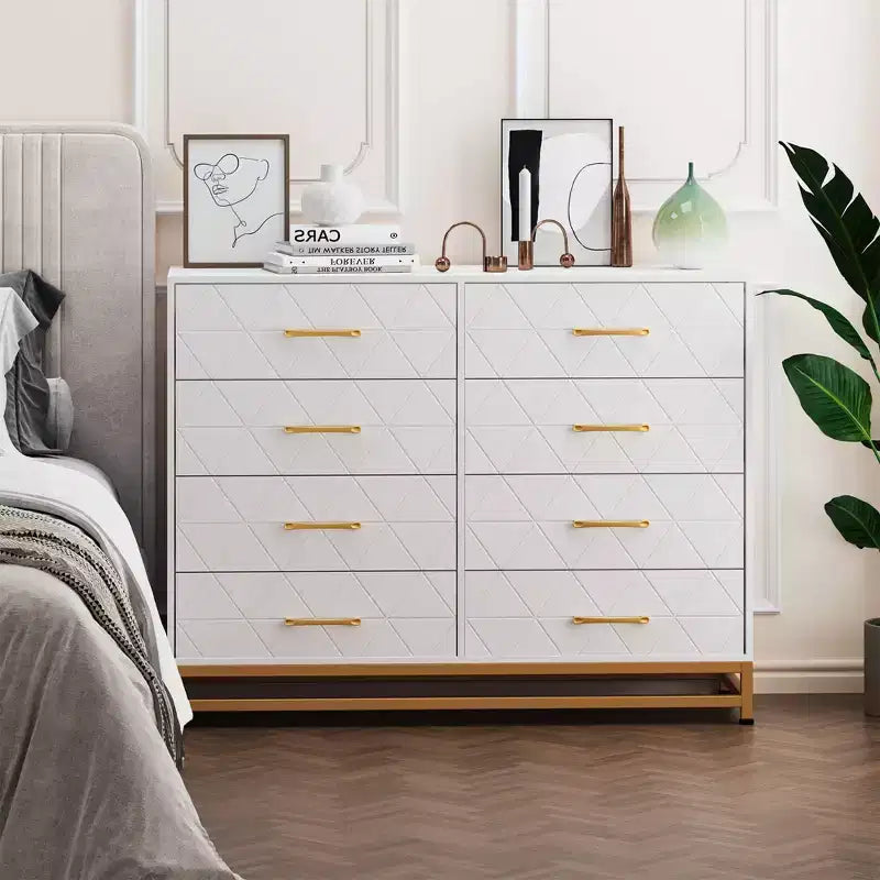 Commode en bois à 8 tiroirs avec poignées en métal, commode de chambre moderne et robuste avec tiroirs profonds, commode en bois à cadre métallique, commode robuste