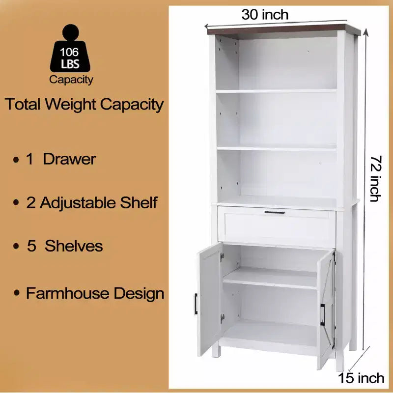 Bibliothèque haute de 72 po avec portes, 6 étagères avec tiroirs et étagères réglables, étagère ouverte du sol au plafond pour chambre à coucher, salon, maison, bureau