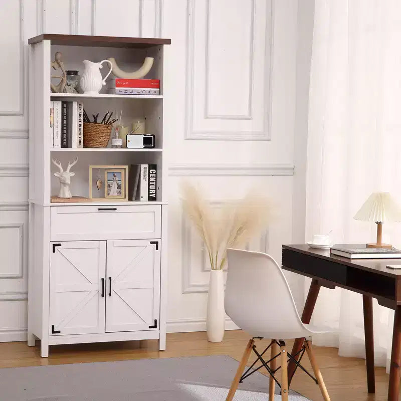Bibliothèque haute de 72 po avec portes, 6 étagères avec tiroirs et étagères réglables, étagère ouverte du sol au plafond pour chambre à coucher, salon, maison, bureau