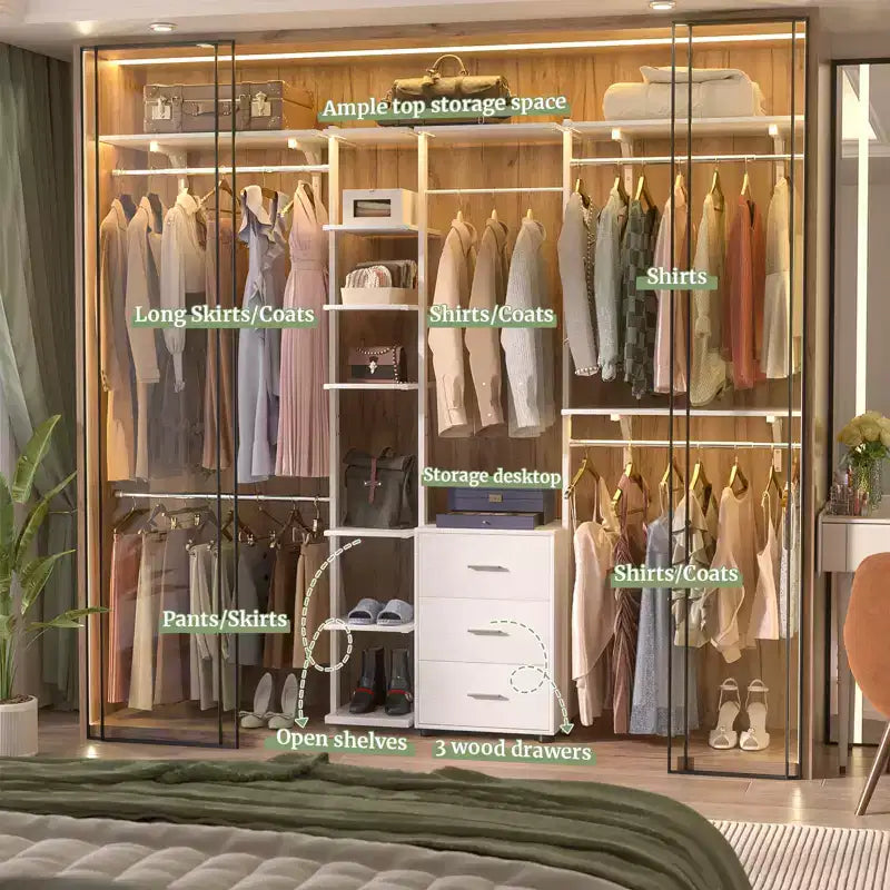 Système d'organisation de placard Besiost avec étagères tour, portant à vêtements robuste avec tiroirs en bois