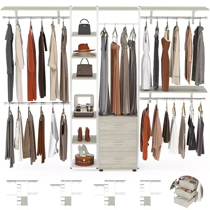 Système d'organisation de placard Besiost avec étagères tour, portant à vêtements robuste avec tiroirs en bois