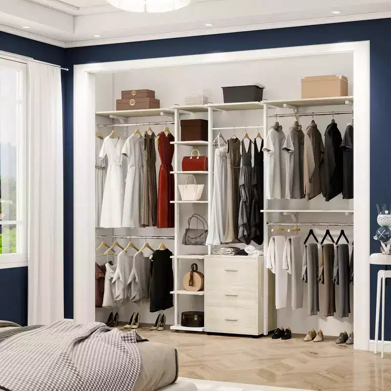 Système d'organisation de placard Besiost avec étagères tour, portant à vêtements robuste avec tiroirs en bois