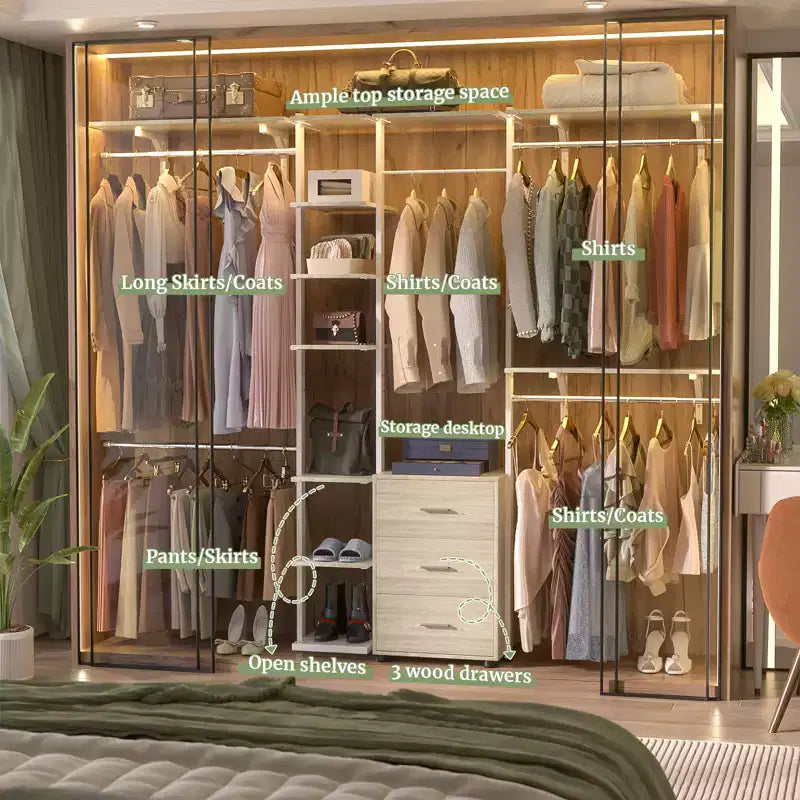 Système d'organisation de placard Besiost avec étagères tour, portant à vêtements robuste avec tiroirs en bois