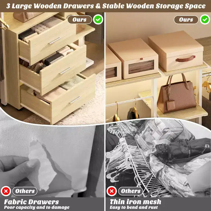 Système d'organisation de placard Besiost avec étagères tour, portant à vêtements robuste avec tiroirs en bois