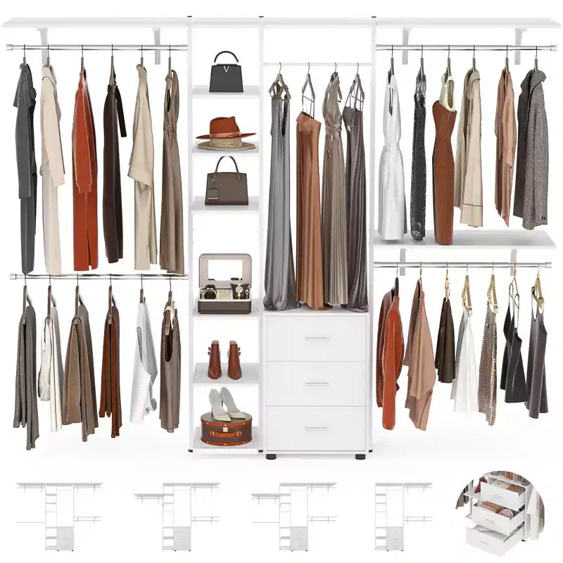Système d'organisation de placard Besiost avec étagères tour, portant à vêtements robuste avec tiroirs en bois