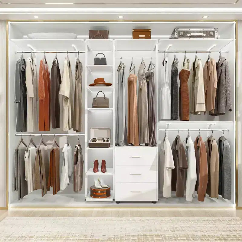 Système d'organisation de placard Besiost avec étagères tour, portant à vêtements robuste avec tiroirs en bois