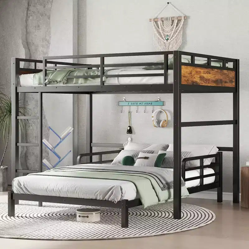 Full XL over Full XL Metal Bunk Bed/Metal Loft Bed and Metal Platform Beds,with Raised Security Fence,Vintage Wood-colored
