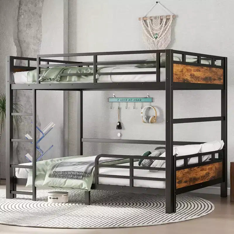 Lit superposé métallique Full XL sur Full XL/Lit mezzanine métallique et lits plateforme métalliques, avec clôture de sécurité surélevée, couleur bois vintage