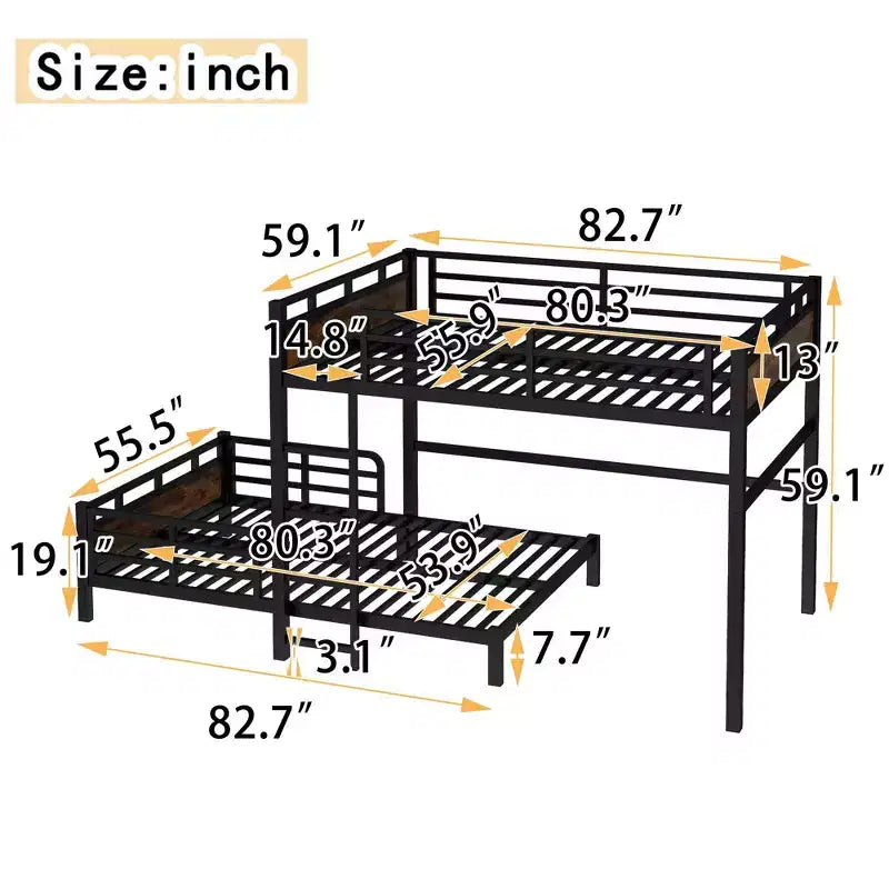 Lit superposé métallique Full XL sur Full XL/Lit mezzanine métallique et lits plateforme métalliques, avec clôture de sécurité surélevée, couleur bois vintage