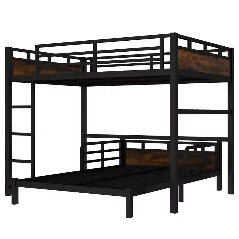 Lit superposé métallique Full XL sur Full XL/Lit mezzanine métallique et lits plateforme métalliques, avec clôture de sécurité surélevée, couleur bois vintage