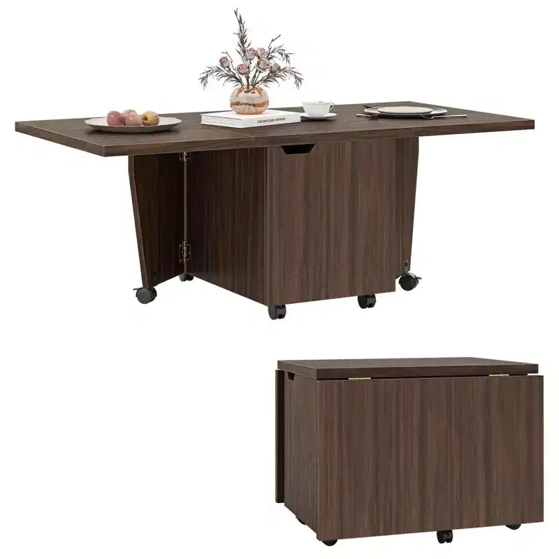 Table basse pliable Costway 48, table basse extensible avec armoires de rangement et roulettes, chêne/noyer/marron