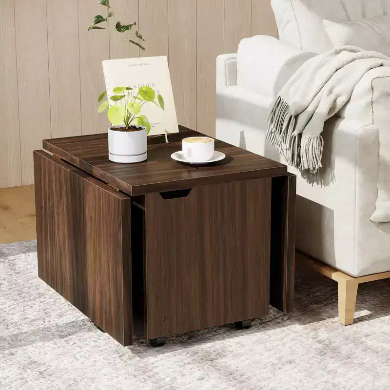 Table basse pliable Costway 48, table basse extensible avec armoires de rangement et roulettes, chêne/noyer/marron