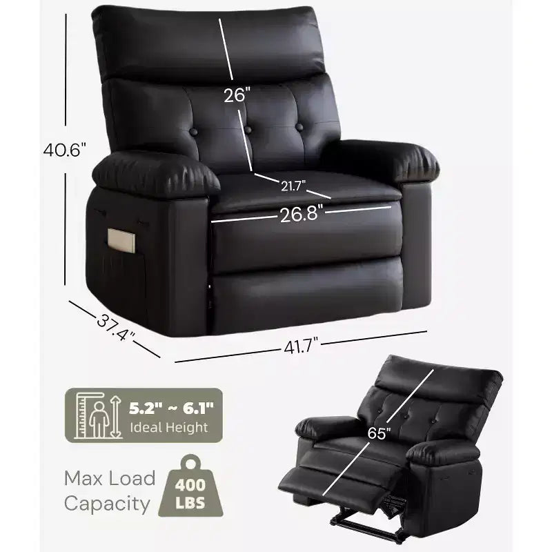 Fauteuil inclinable manuel surdimensionné, grand fauteuil paresseux en cuir PU pour adultes avec rembourrage éponge 1,5X, fonctions de chaleur et de massage - Noir