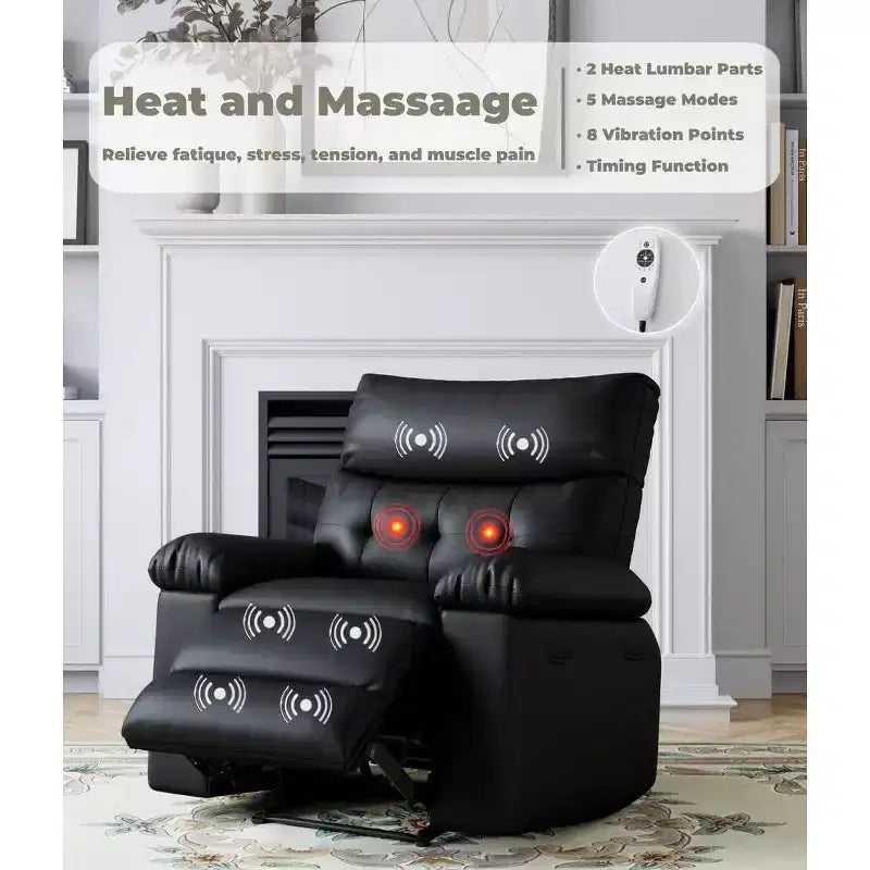 Fauteuil inclinable manuel surdimensionné, grand fauteuil paresseux en cuir PU pour adultes avec rembourrage éponge 1,5X, fonctions de chaleur et de massage - Noir
