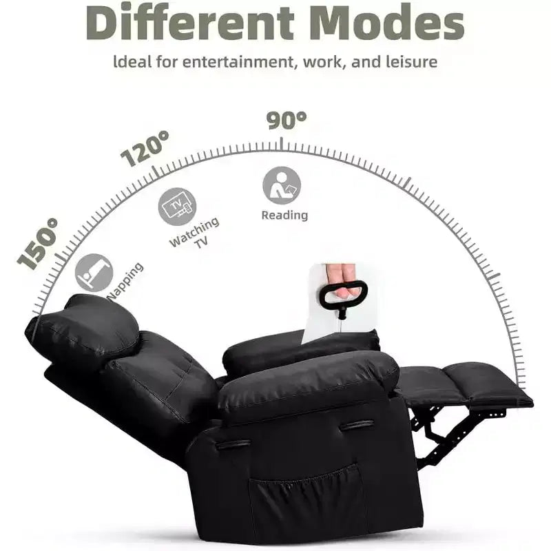 Fauteuil inclinable manuel surdimensionné, grand fauteuil paresseux en cuir PU pour adultes avec rembourrage éponge 1,5X, fonctions de chaleur et de massage - Noir