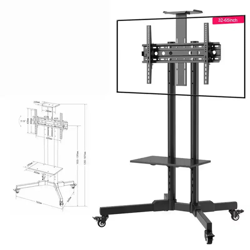 Support TV mobile pour téléviseurs de 32 à 65 pouces, chariot TV inclinable de -15 à +15° supportant jusqu'à 50 kg, support de moniteur mobile roulant avec étagère pour ordinateur portable pour la maison
