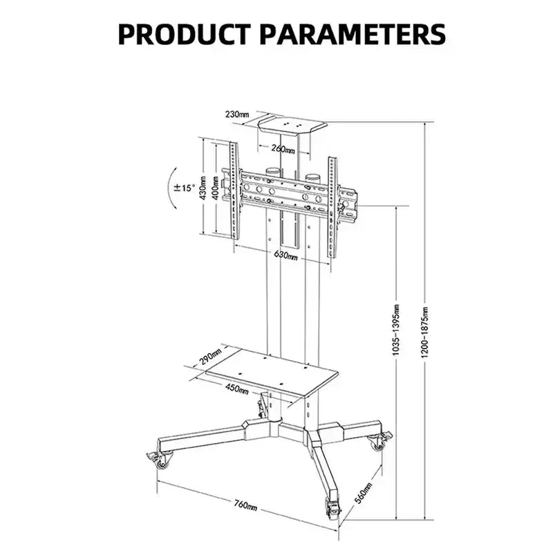 Support TV mobile pour téléviseurs de 32 à 65 pouces, chariot TV inclinable de -15 à +15° supportant jusqu'à 50 kg, support de moniteur mobile roulant avec étagère pour ordinateur portable pour la maison