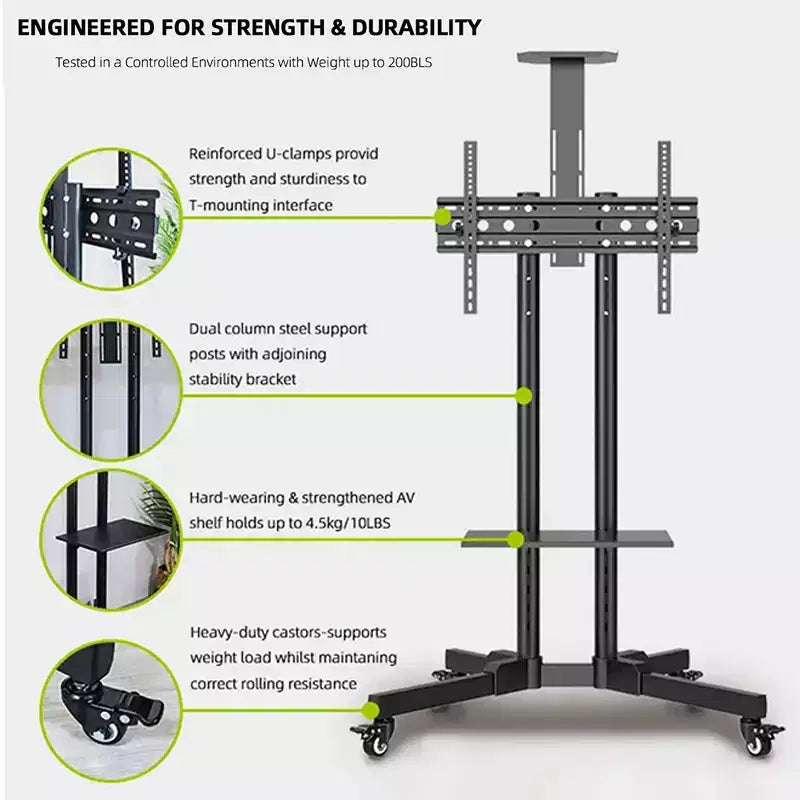 Support TV mobile pour téléviseurs de 32 à 65 pouces, chariot TV inclinable de -15 à +15° supportant jusqu'à 50 kg, support de moniteur mobile roulant avec étagère pour ordinateur portable pour la maison
