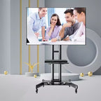 Support TV mobile pour téléviseurs de 32 à 65 pouces, chariot TV inclinable de -15 à +15° supportant jusqu'à 50 kg, support de moniteur mobile roulant avec étagère pour ordinateur portable pour la maison