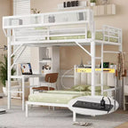Full over Twin White Metal Bunk Bed with Desk and Bookshelves Detachable Metal Bunk Bed with LED and Charge Station