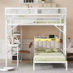 Lit superposé en métal blanc, taille double sur lit simple, avec bureau et étagères, détachable, avec LED et station de recharge