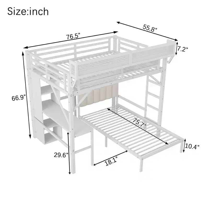Lit superposé en métal blanc, taille double sur lit simple, avec bureau et étagères, détachable, avec LED et station de recharge