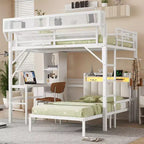Lit superposé en métal blanc, taille double sur lit simple, avec bureau et étagères, détachable, avec LED et station de recharge