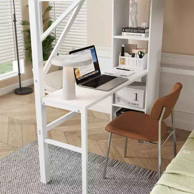 Lit superposé en métal blanc, taille double sur lit simple, avec bureau et étagères, détachable, avec LED et station de recharge