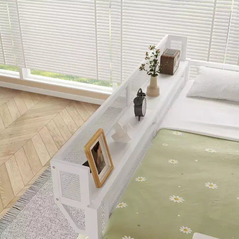 Lit superposé en métal blanc, taille double sur lit simple, avec bureau et étagères, détachable, avec LED et station de recharge