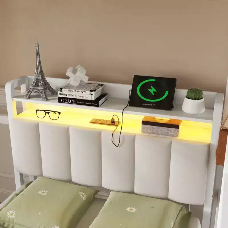 Lit superposé en métal blanc, taille double sur lit simple, avec bureau et étagères, détachable, avec LED et station de recharge